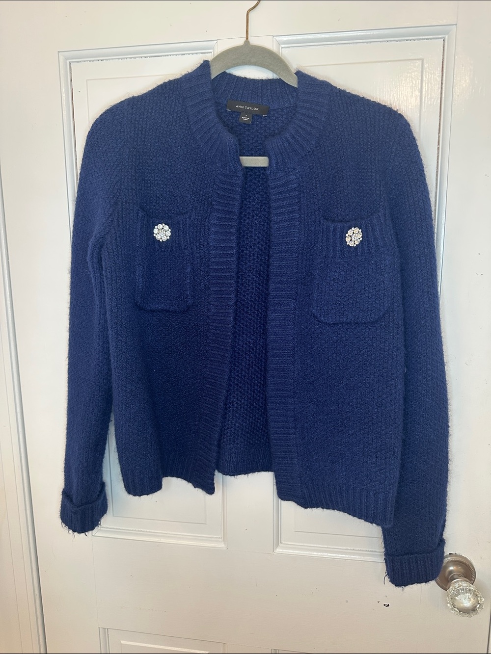 Ann Taylor Deep Navy Chunky Knit Cardigan with Jewel Buttons size S EUC